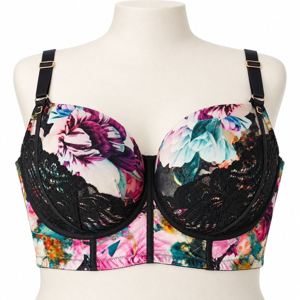 Cacique Women Floral Lace Trim Longline Balconette Bra 40DDD Black Multi Boho